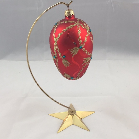 VINTAGE ARTISAN HANDCRAFTED RED EGG SHAPED CHRISTMAS ORNAMENT UPCYCLED - Picture 2 of 8